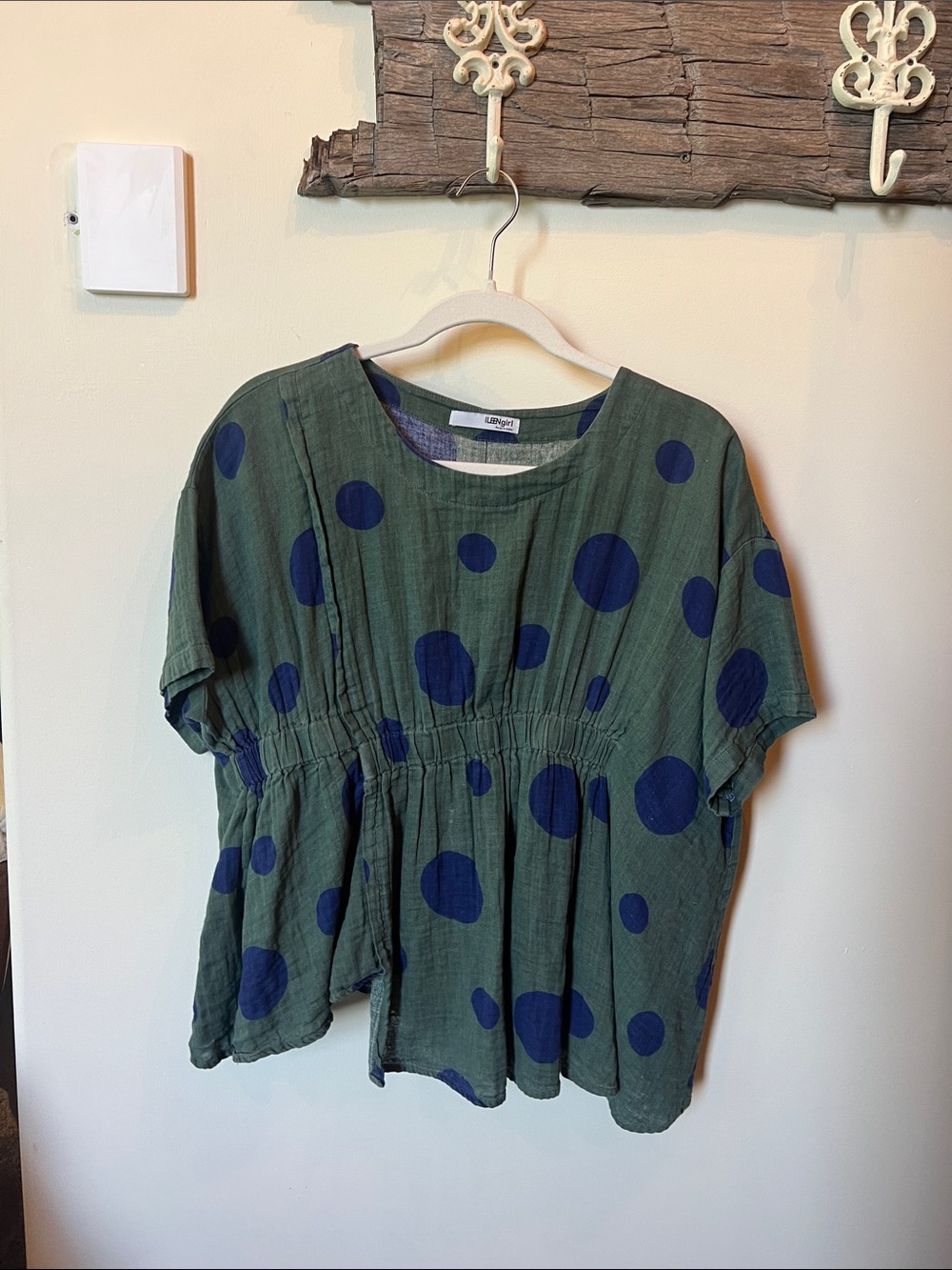 Casual Olive Green Peplum Blouse with Navy Polka Dots - Comfort Fit